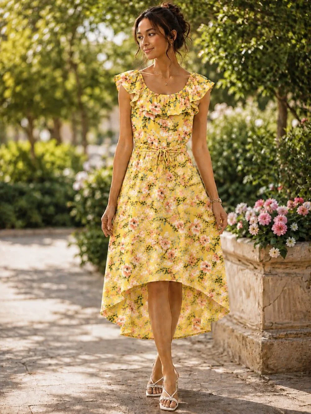 C. WONDER by Christian Siriano Short Sleeve Yellow w/Florals HiLo Dress NWOT XS